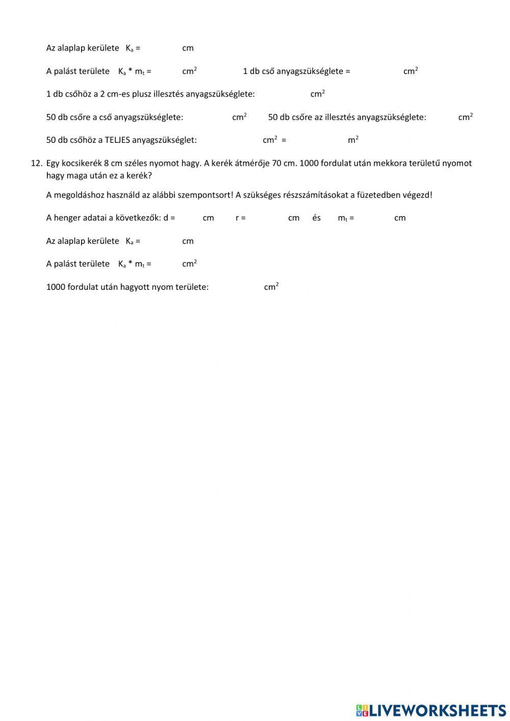 Hasáb, henger felszíne - gyakorlás