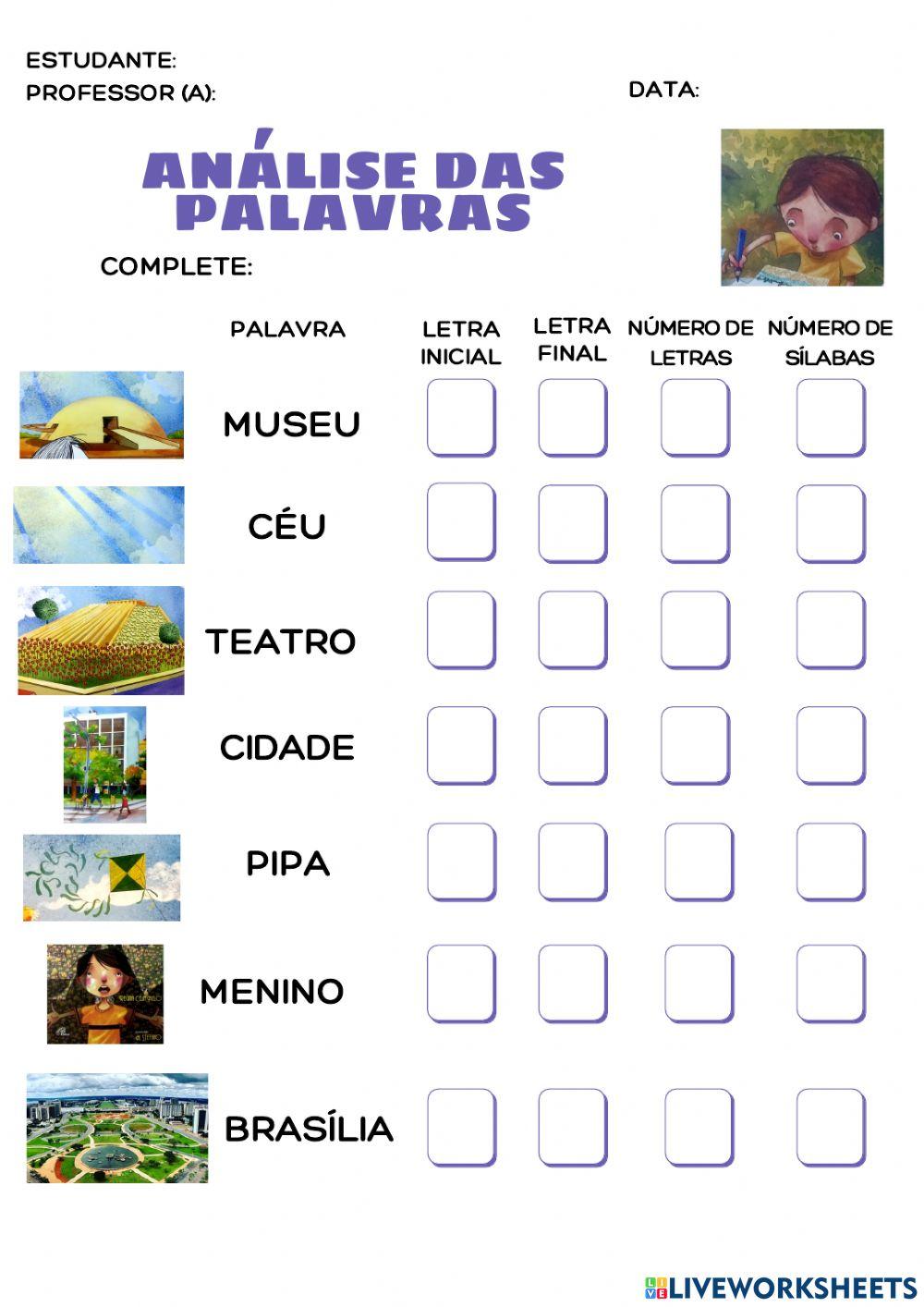 An lise das palavras o menino que descobriu bras lia worksheet live