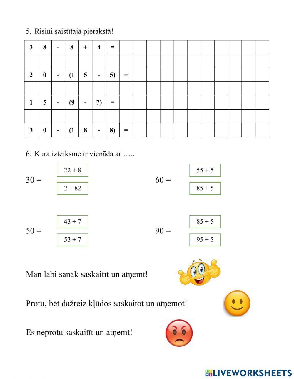 Saskaitīšana un atņemšana 100 apjomā