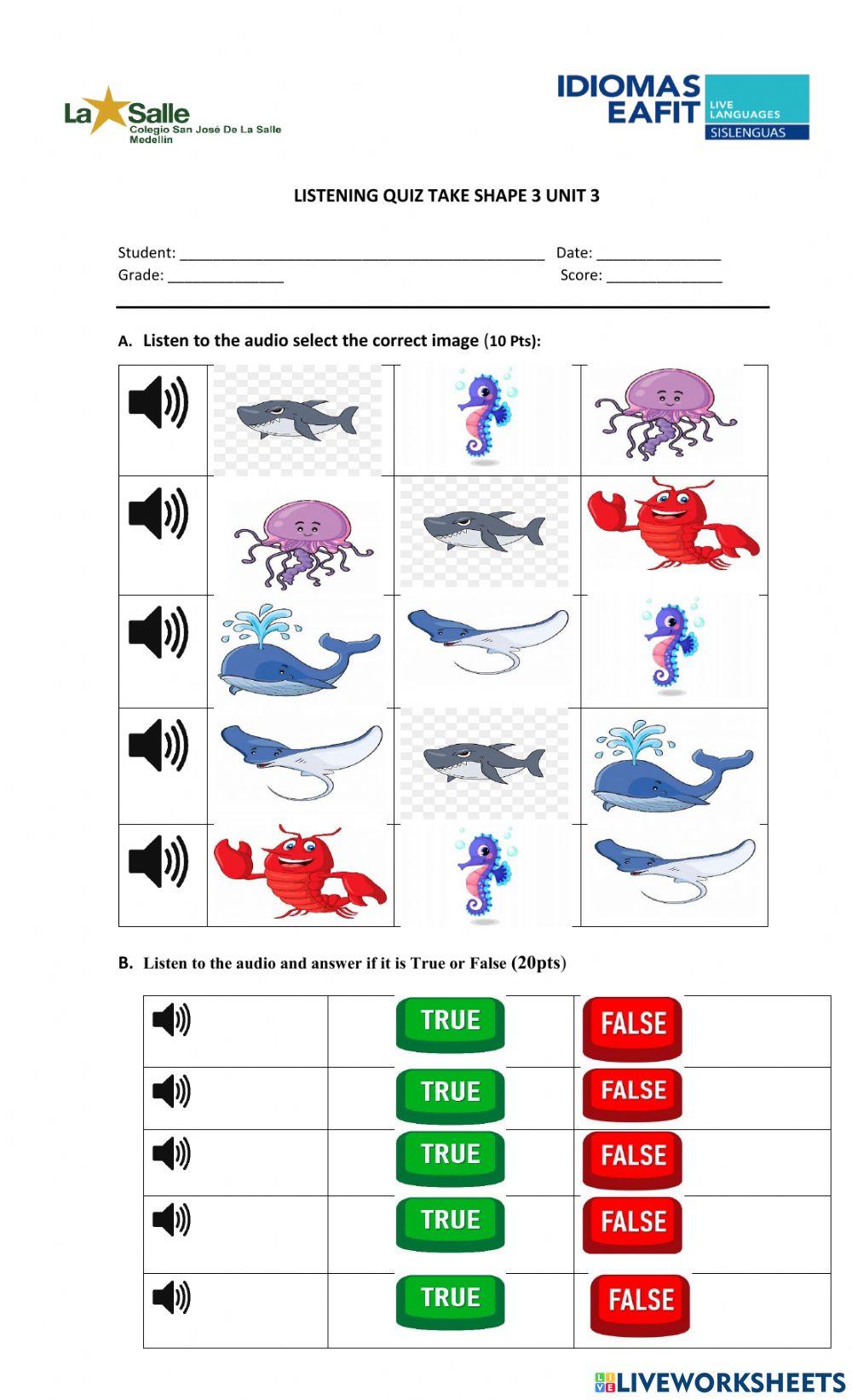 Listening quiz unit 3 Take Shape 3