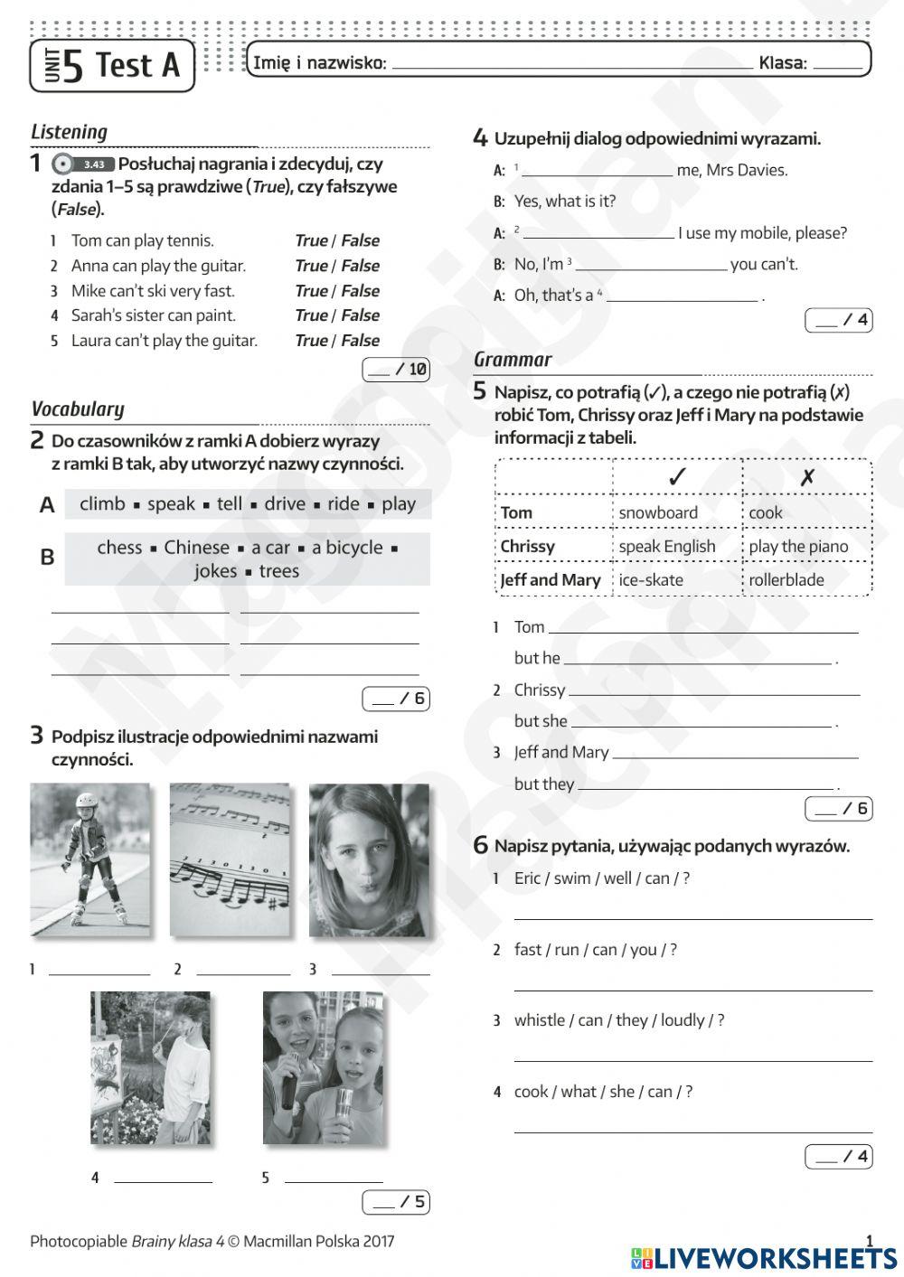 Brainy Klasa 5 Unit 4 2965966 | Brainy 4 - Unit 5 test | ms175