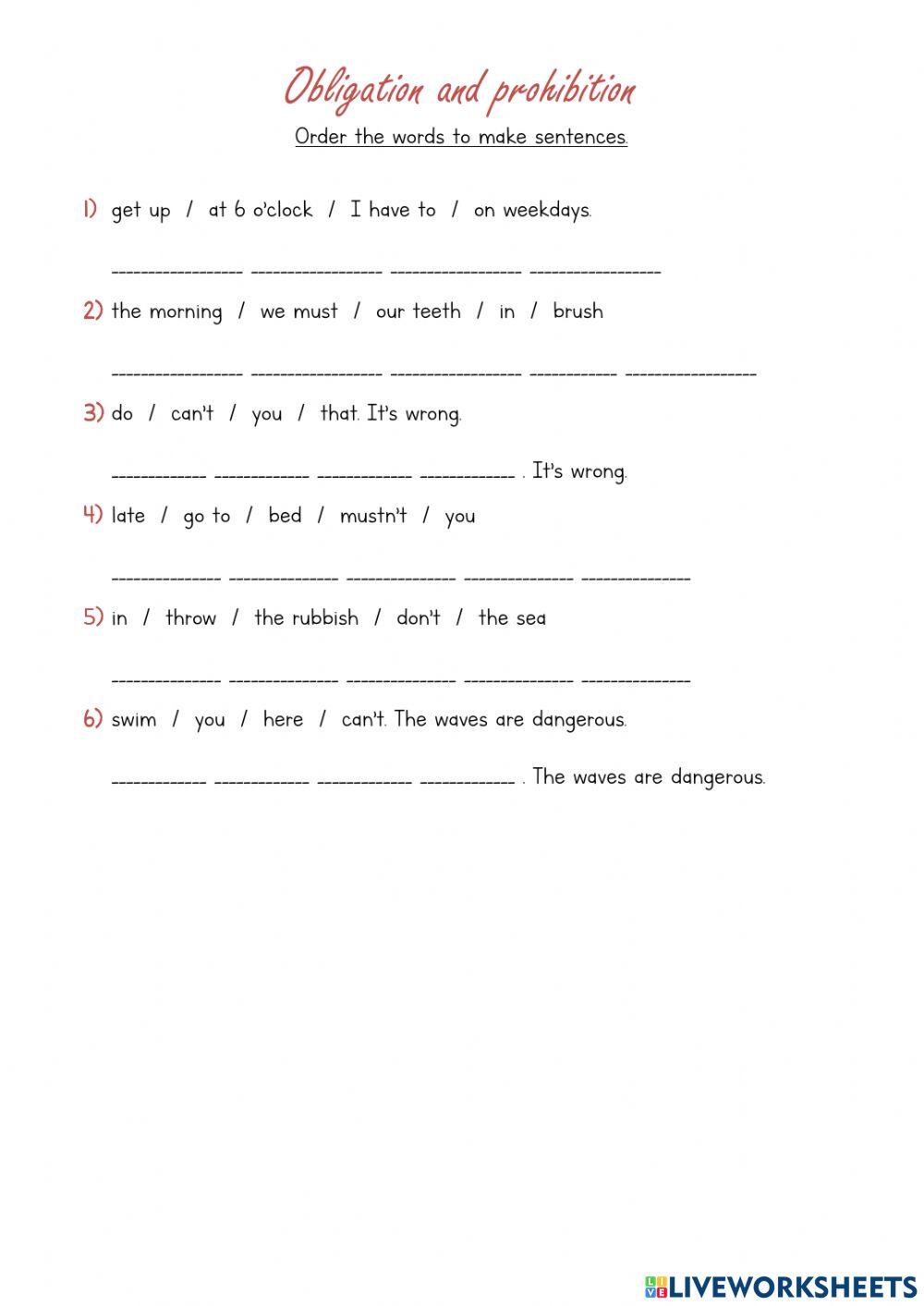 Obligation and prohibition: order the words Obligation and prohibition: order the words