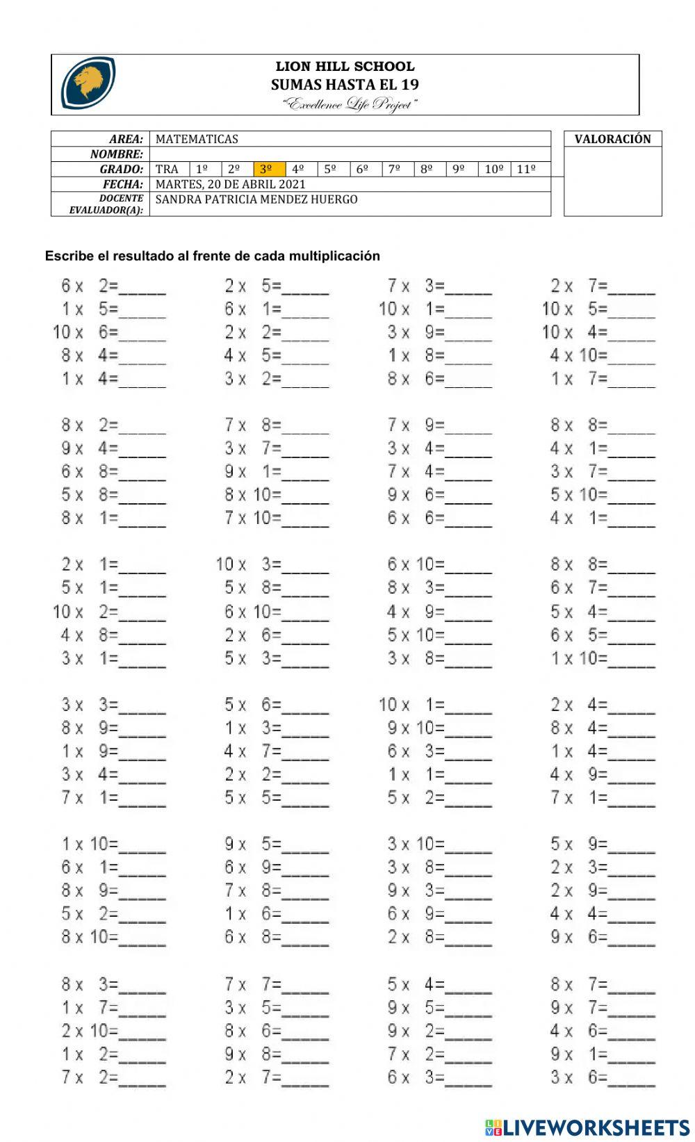 Quiz tablas de multiplicar grado 3 worksheet