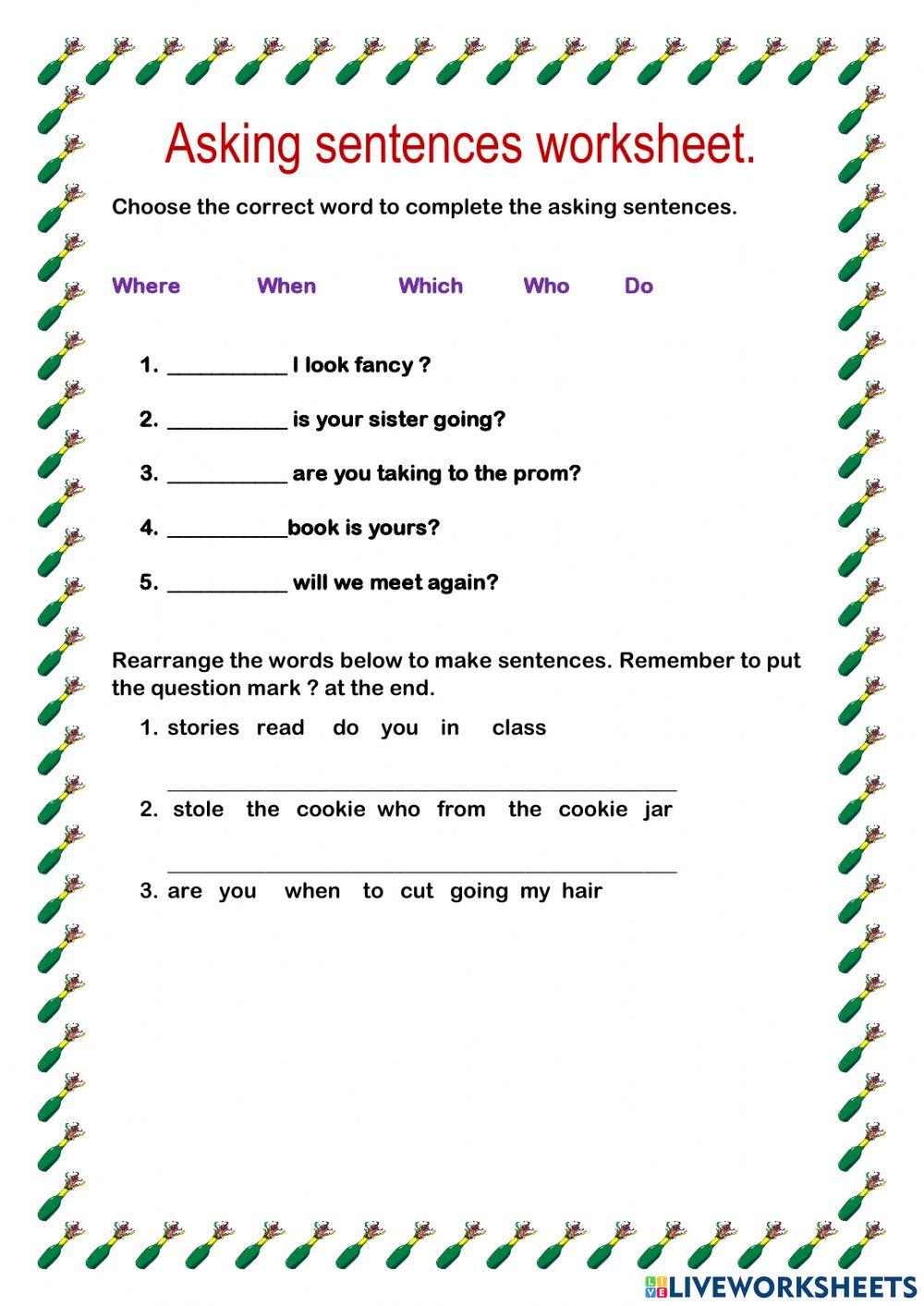 Telling and asking sentence activity live worksheets 52 off
