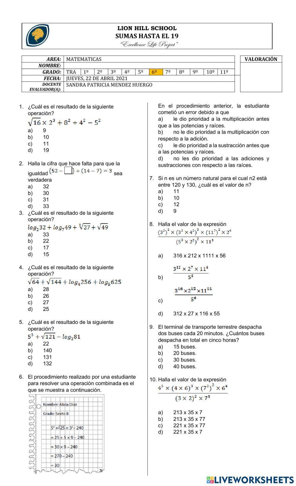Quiz sobre potenciacion, radicacion y logaritmacion