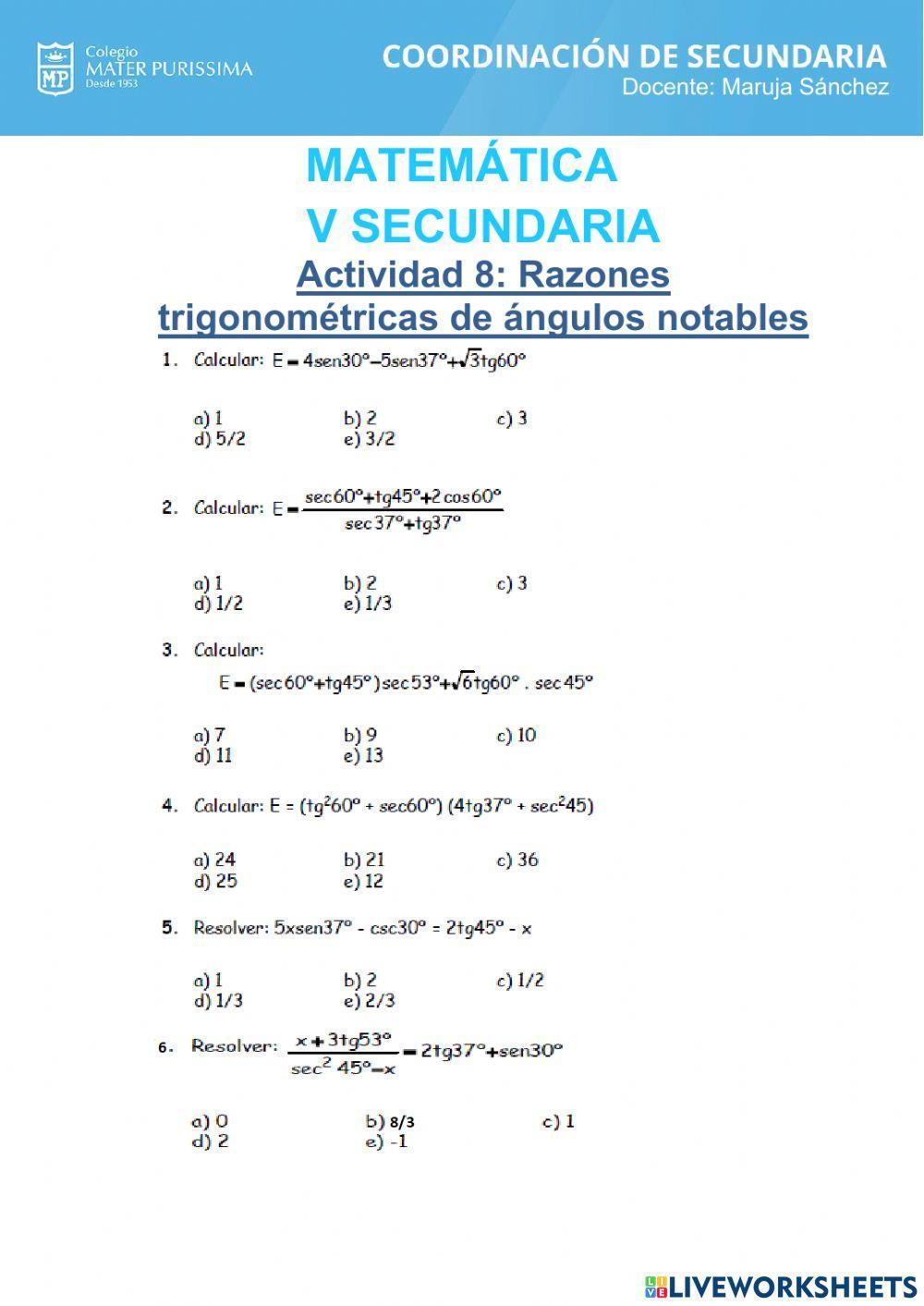 Razones trigonométricas de angulos notables