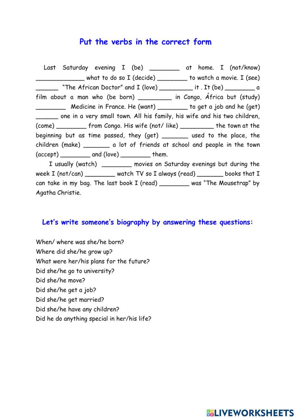 Verbs in the past online worksheet Live Worksheets