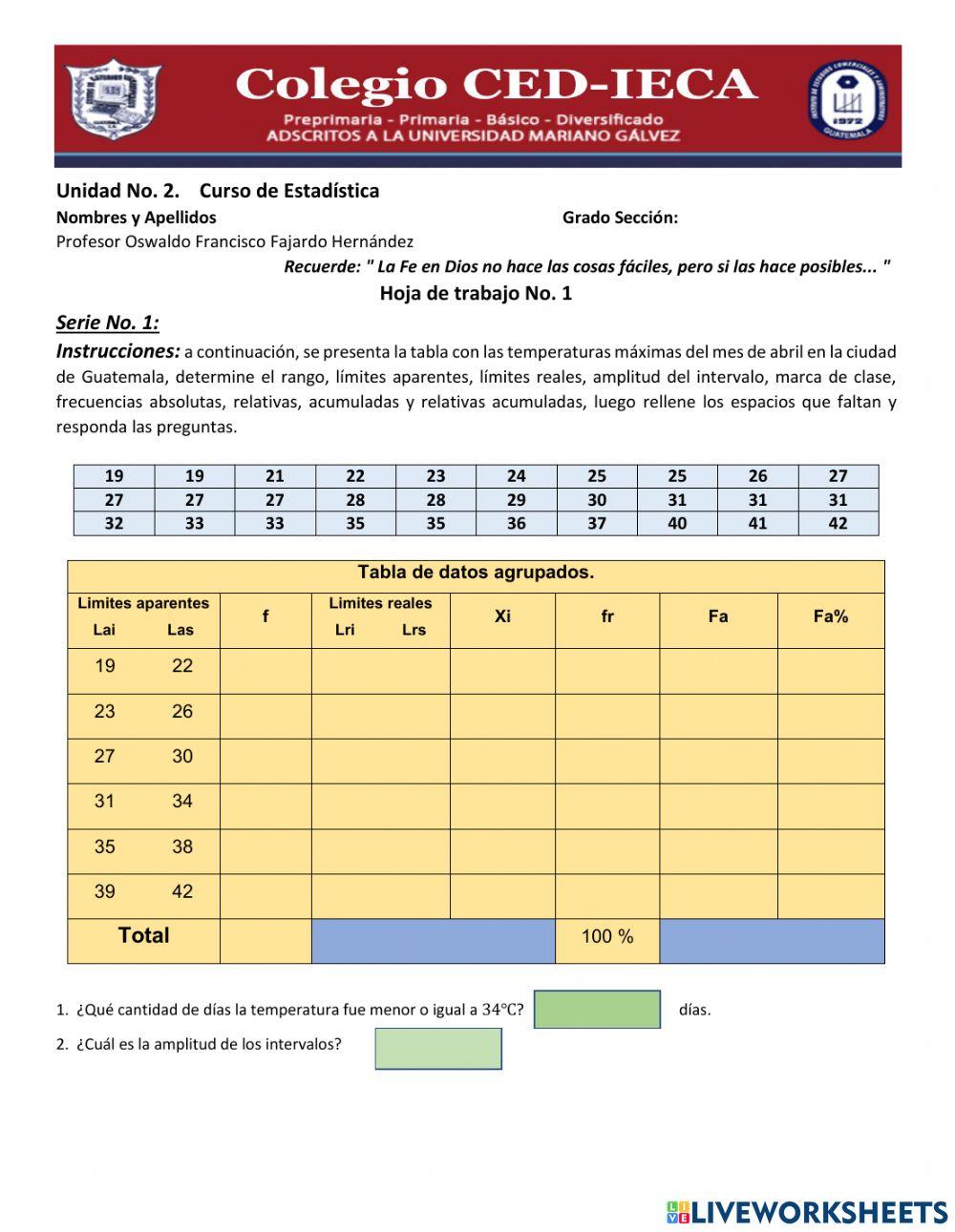 Hoja de trabajo No. 1 Segunda Unidad