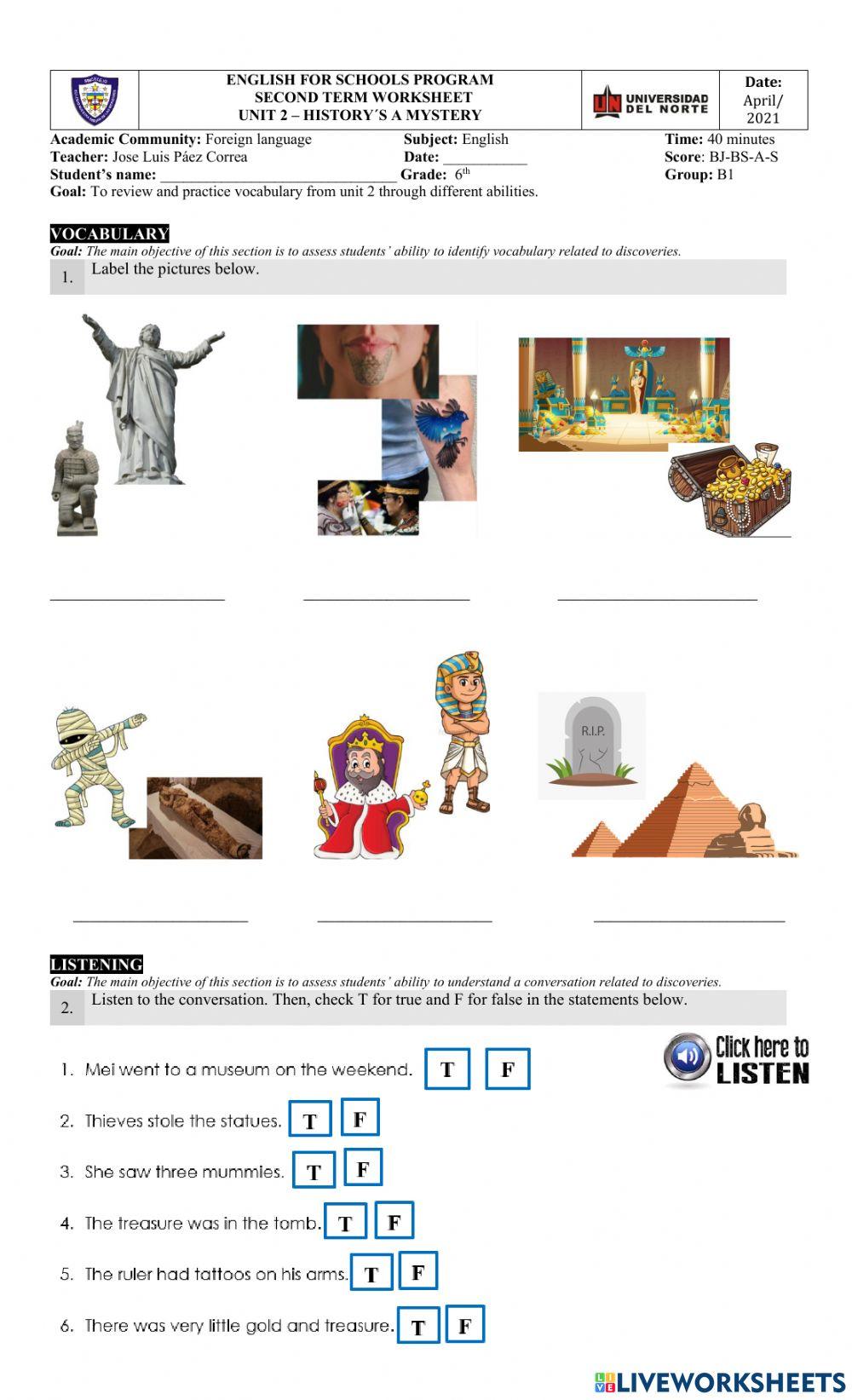 6°B1 - Unit 2 - History's a Mystery - Vocab Worksheet