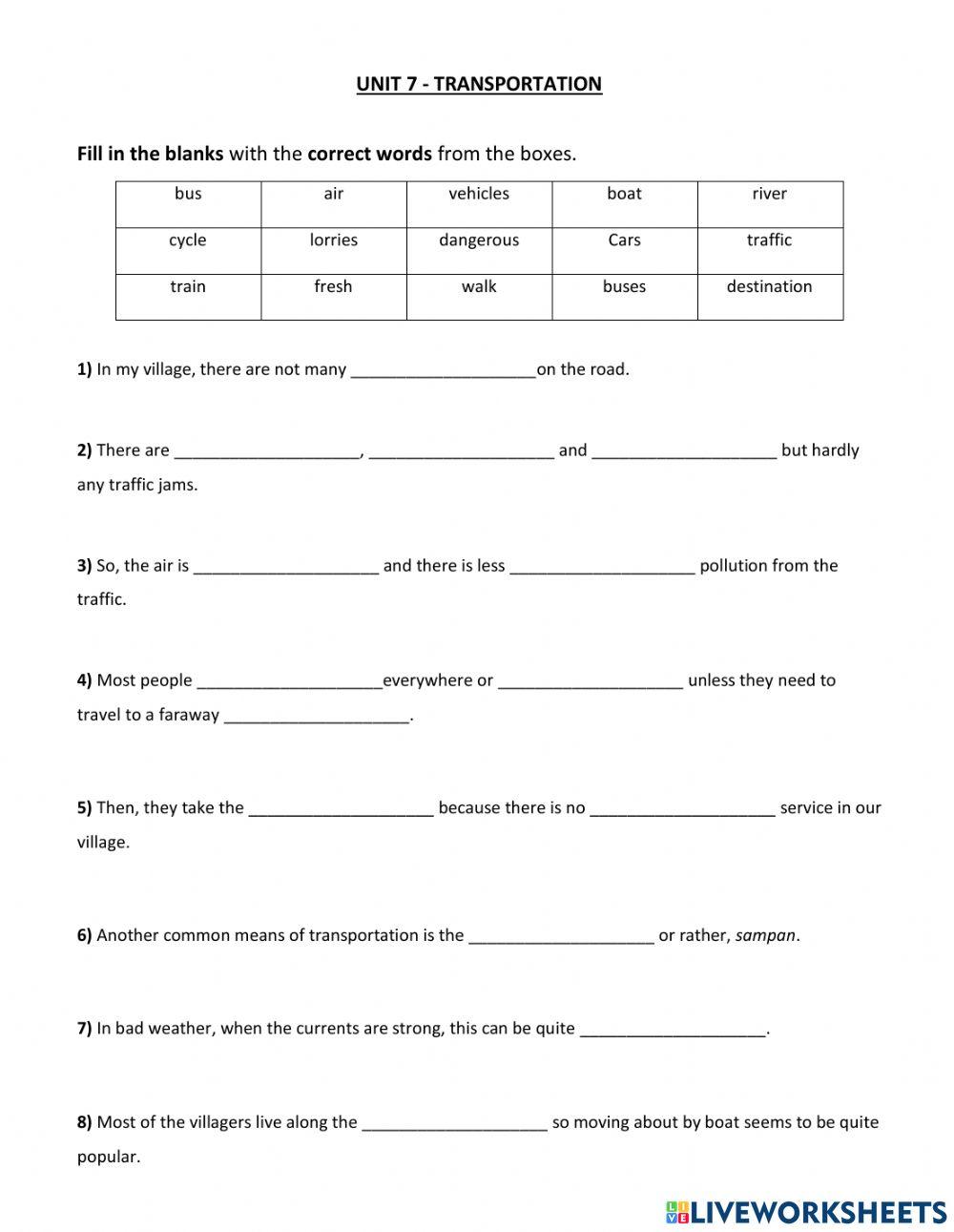 Form 2 - unit 7 : transportation worksheet | Live Worksheets