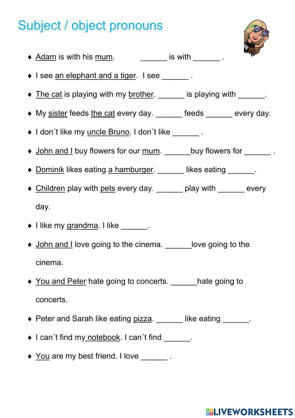 Subject and object pronouns online pdf exercise for a1 | Live Worksheets subject-and-object-pronouns-online-pdf-exercise-for-a1-live-worksheets