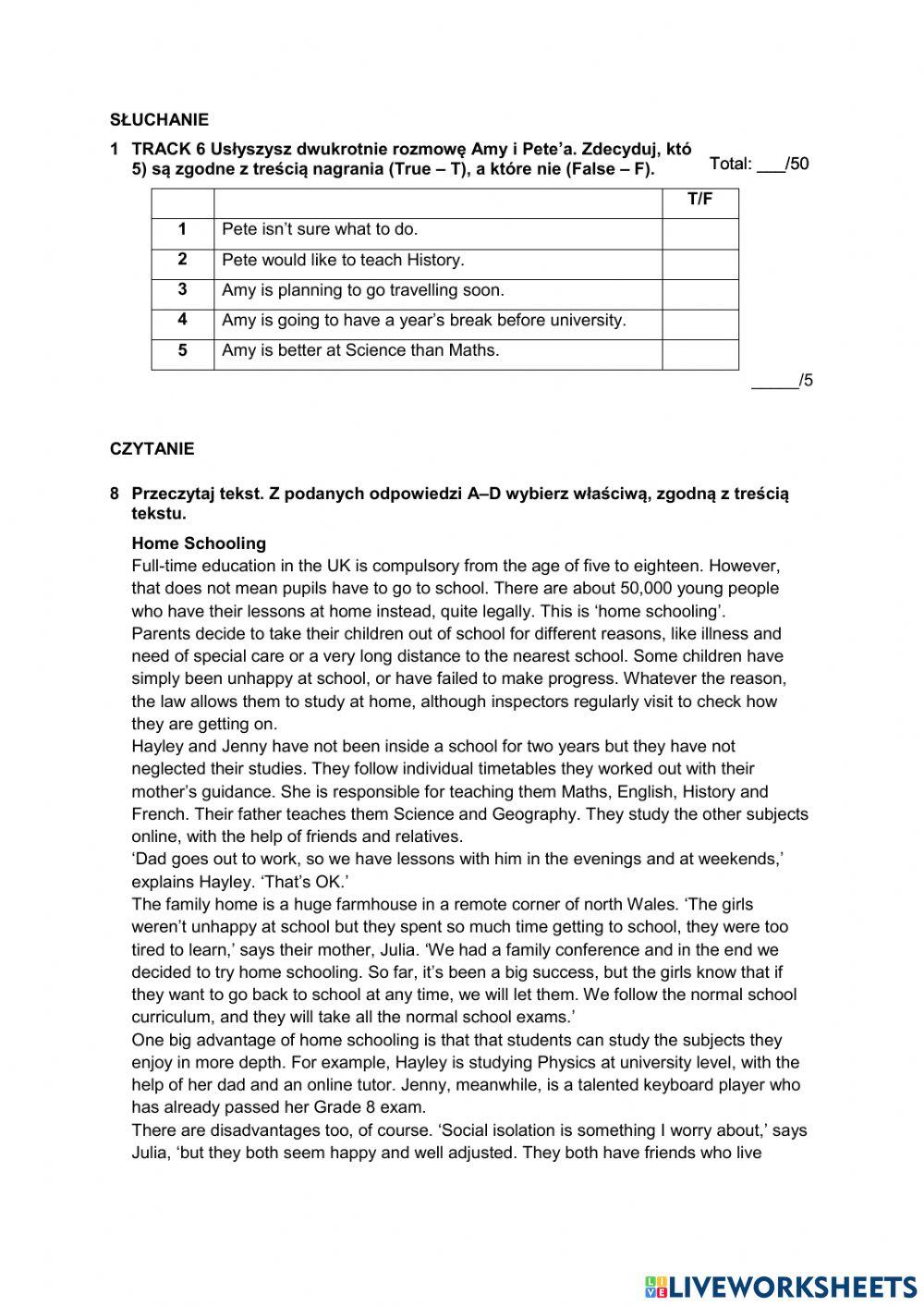 Reading and listening task - school