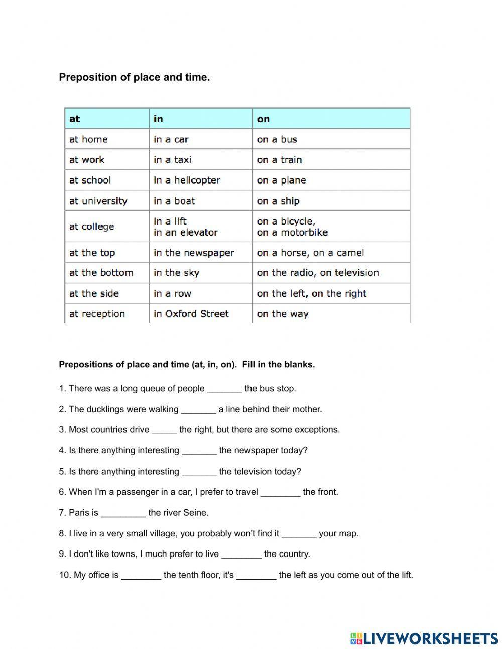 Preposition of time and place