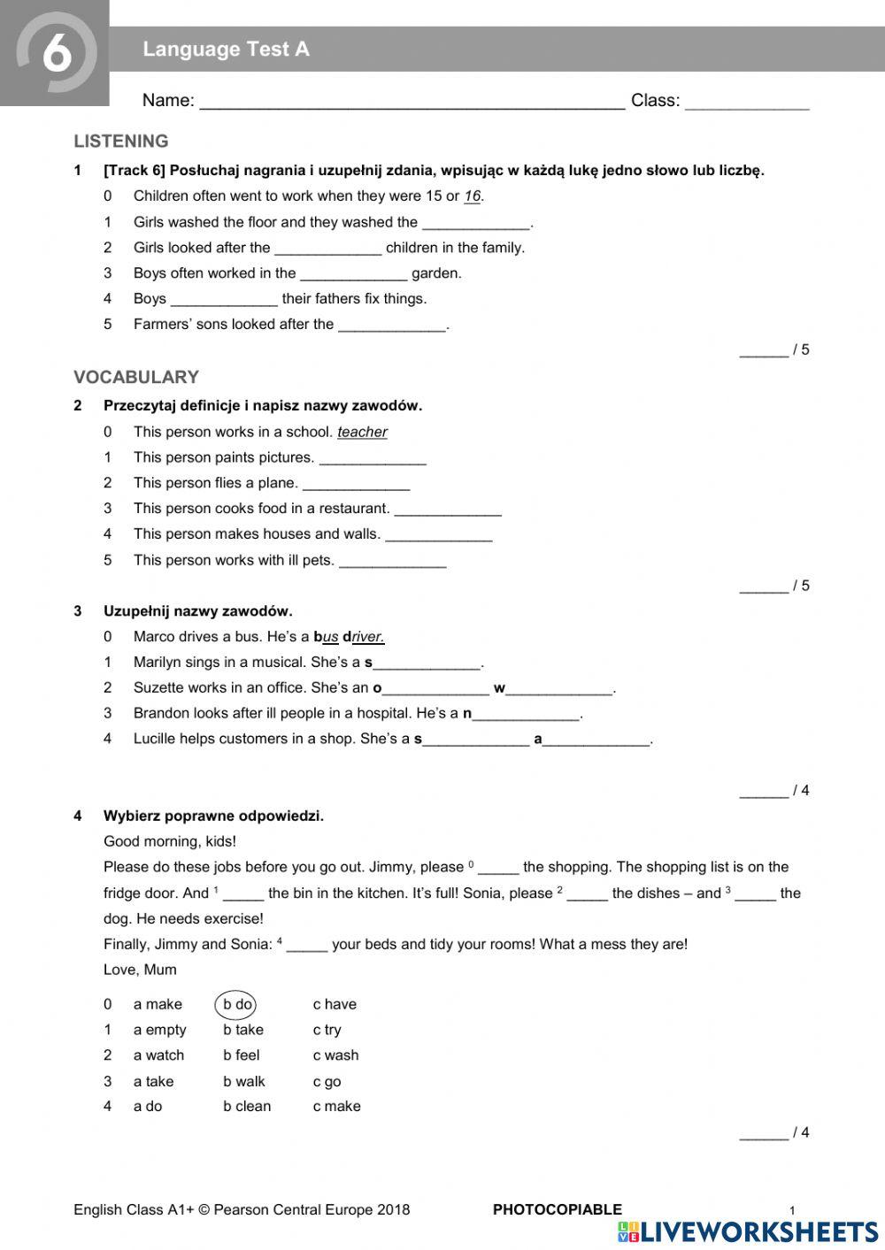 English Class A1+ Unit 6 English Class A1+ Unit 6 test | LiveWorksheets | 4965661