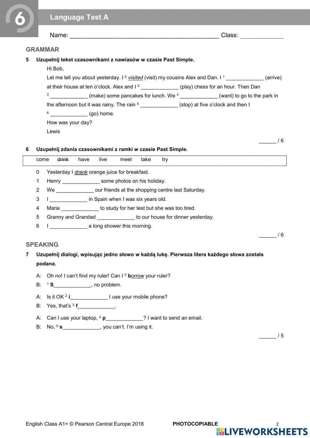 English Class A1+ Unit 6 English Class A1+ Unit 6 test | LiveWorksheets | 4965661