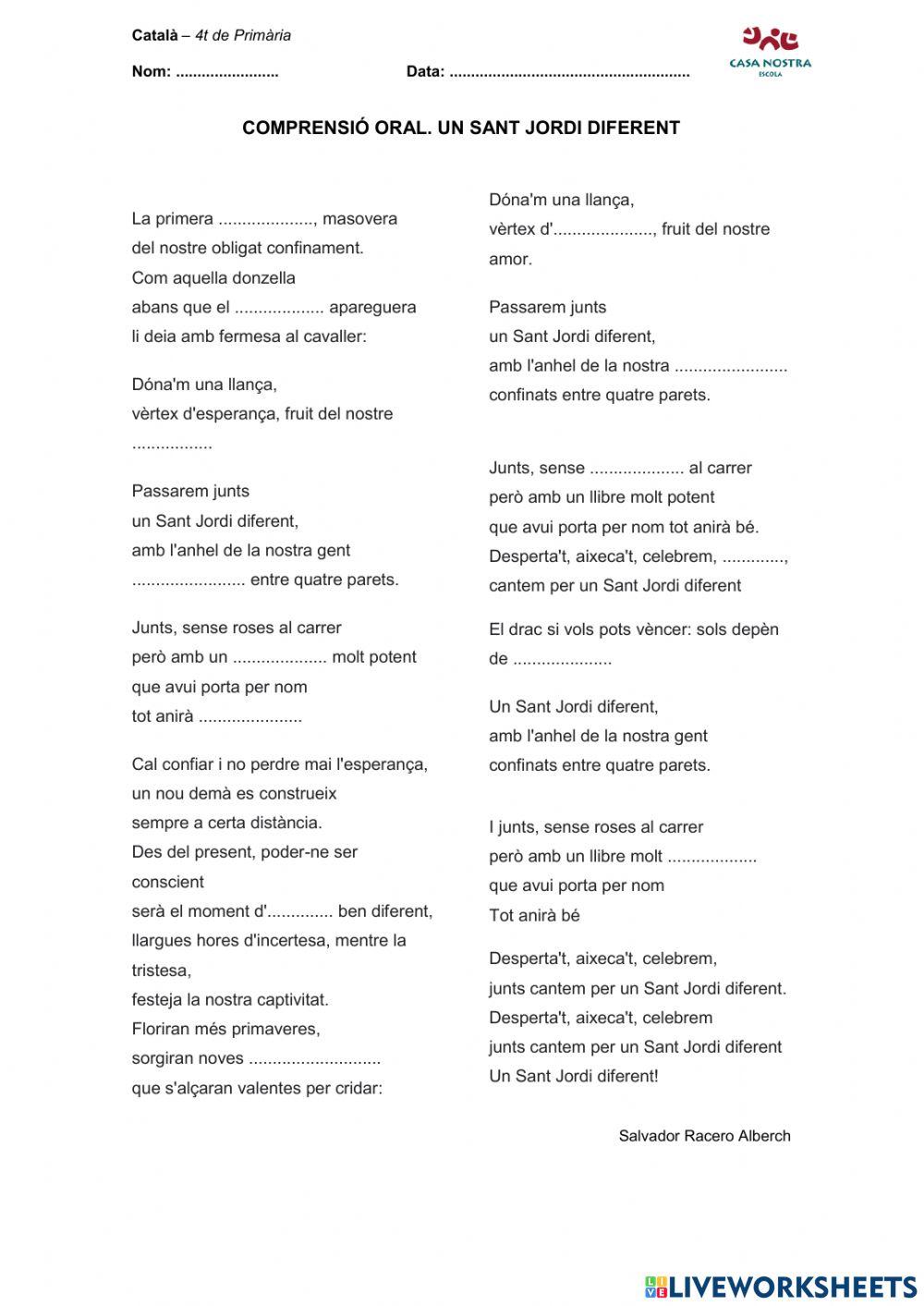 Comprensió oral. Un sant jordi diferent.