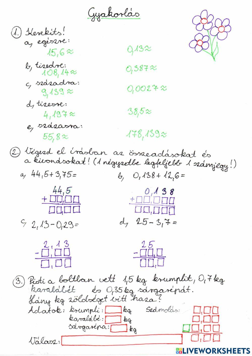 Tizedes törtek kerekítés, összeadás, kivonás