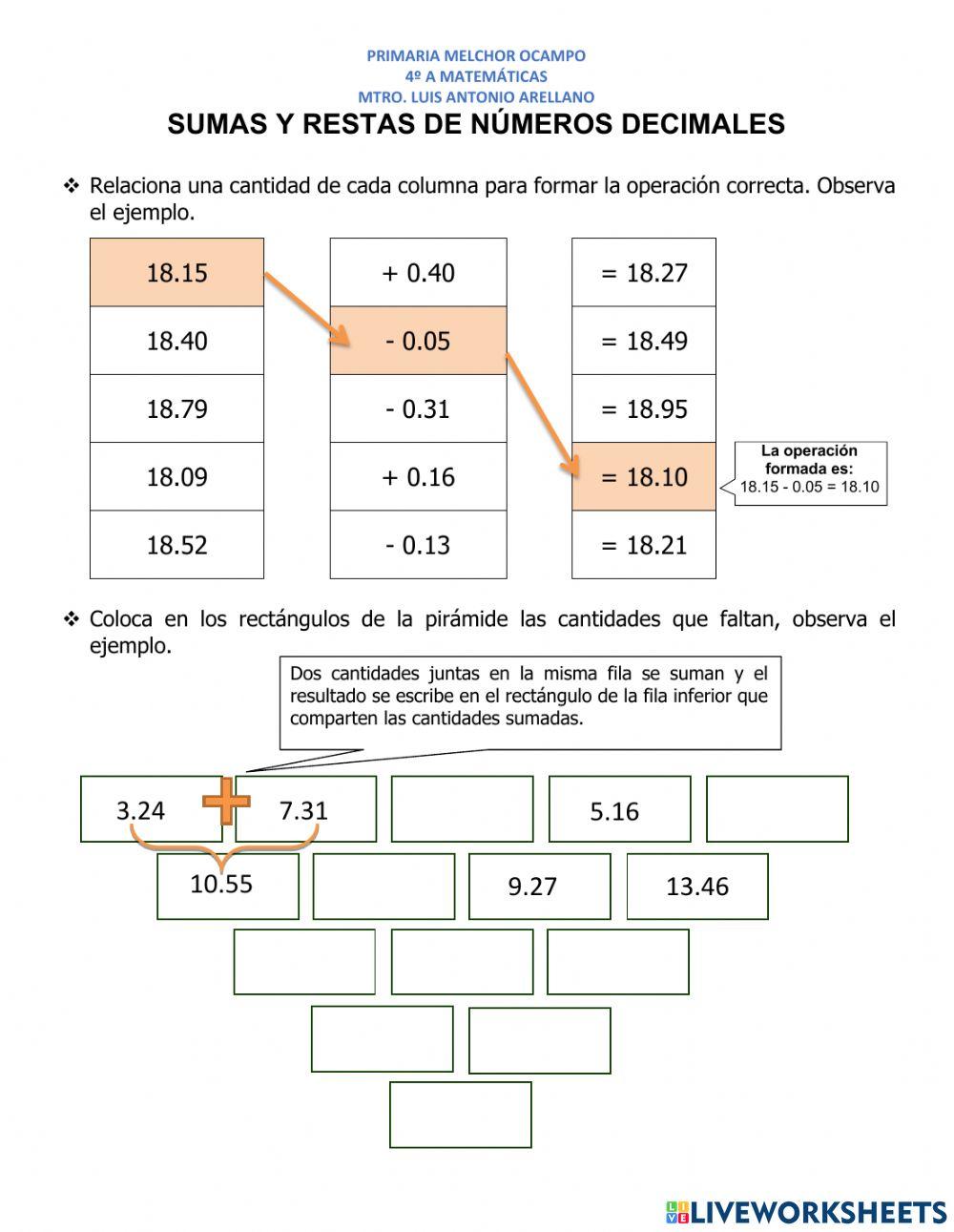 Sumas y restas de números decimales