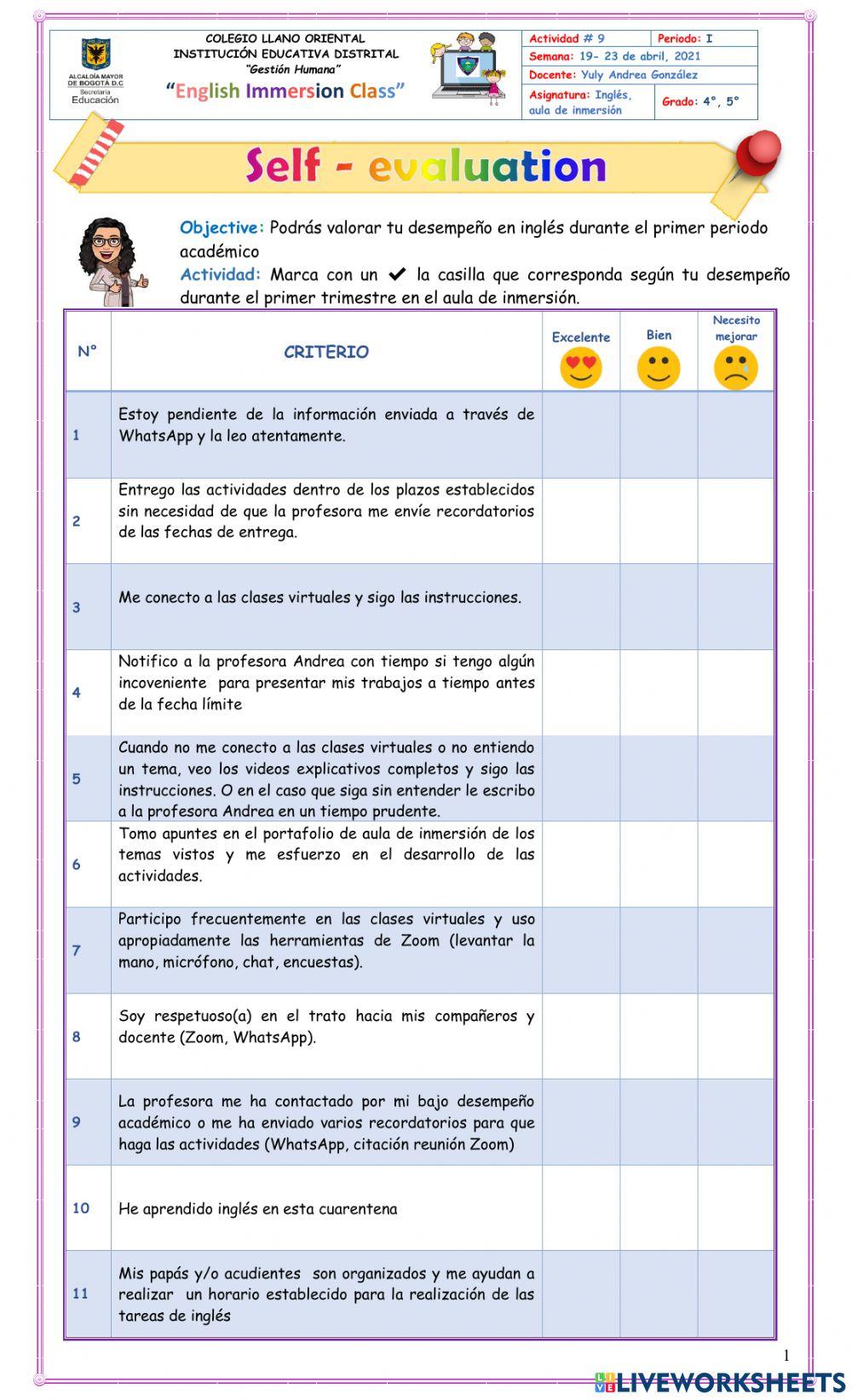 Autoevaluación primer periodo colegio llano oriental