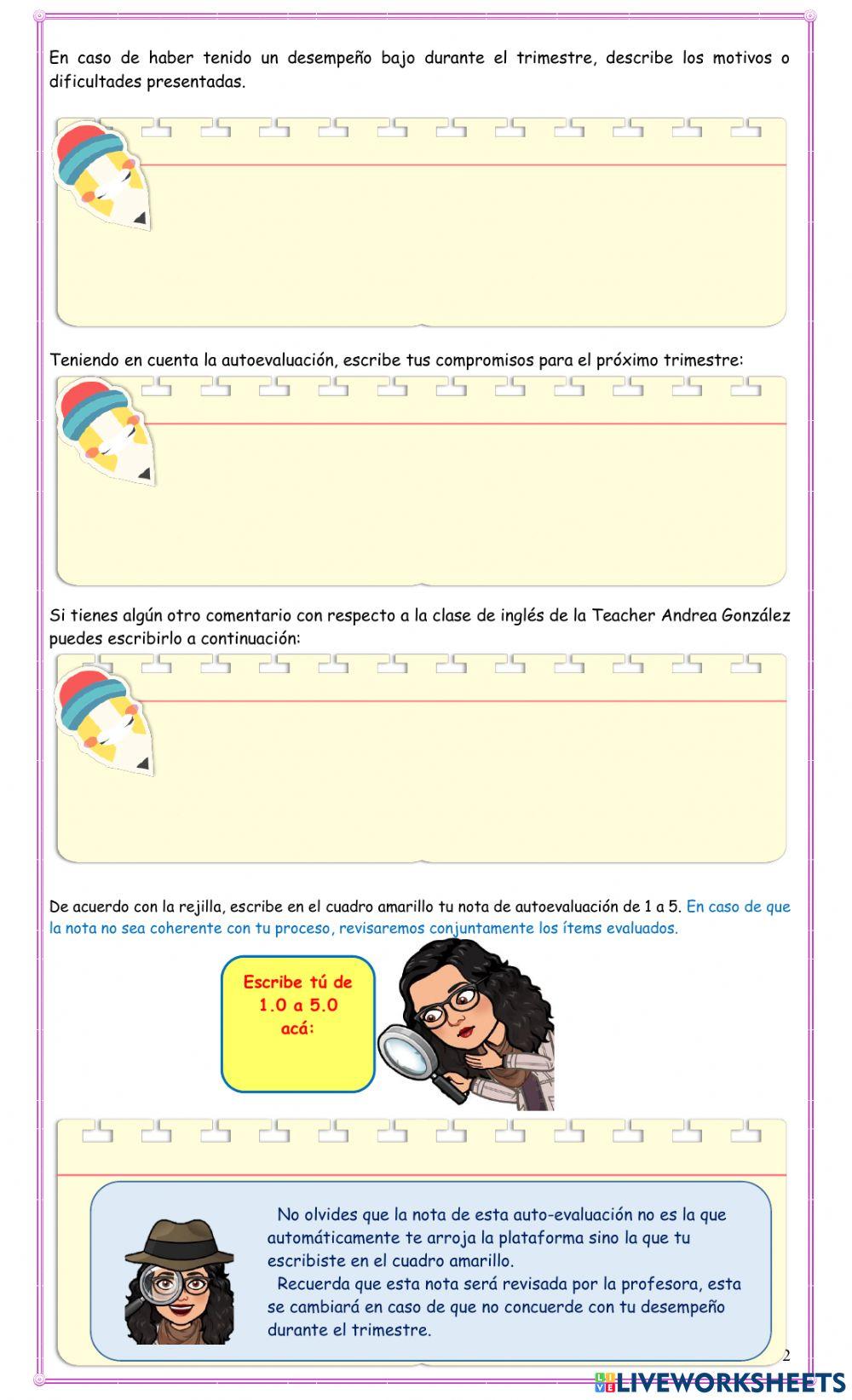 Autoevaluación primer periodo colegio llano oriental