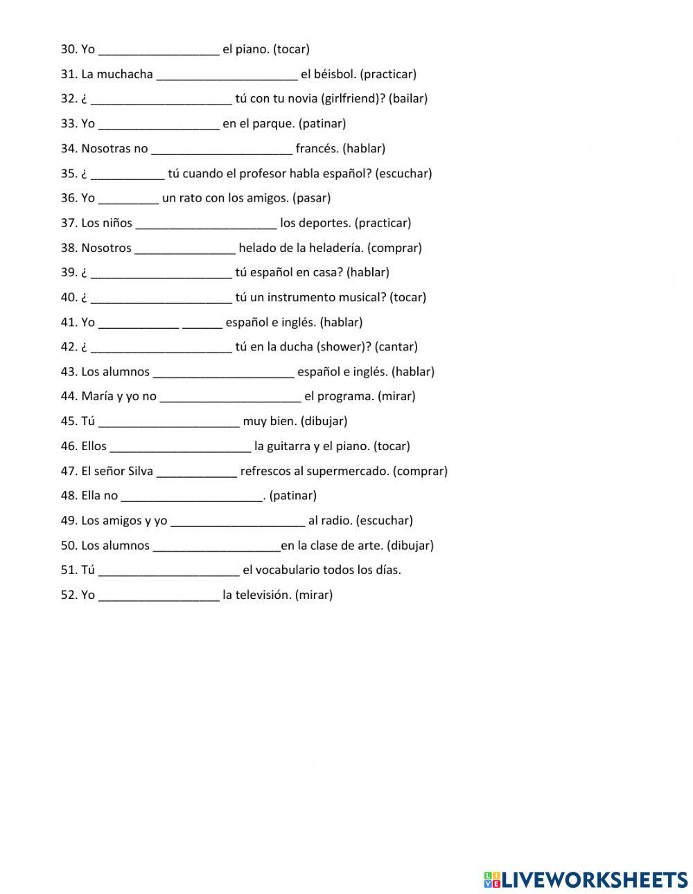 SP1 AR Present Tense Sentence Conjugation Fill -in worksheet | Live ...