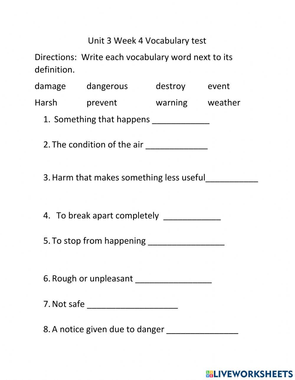 Unit 3 week 4 Vocabulary Test - Reading Wonders Grade 2