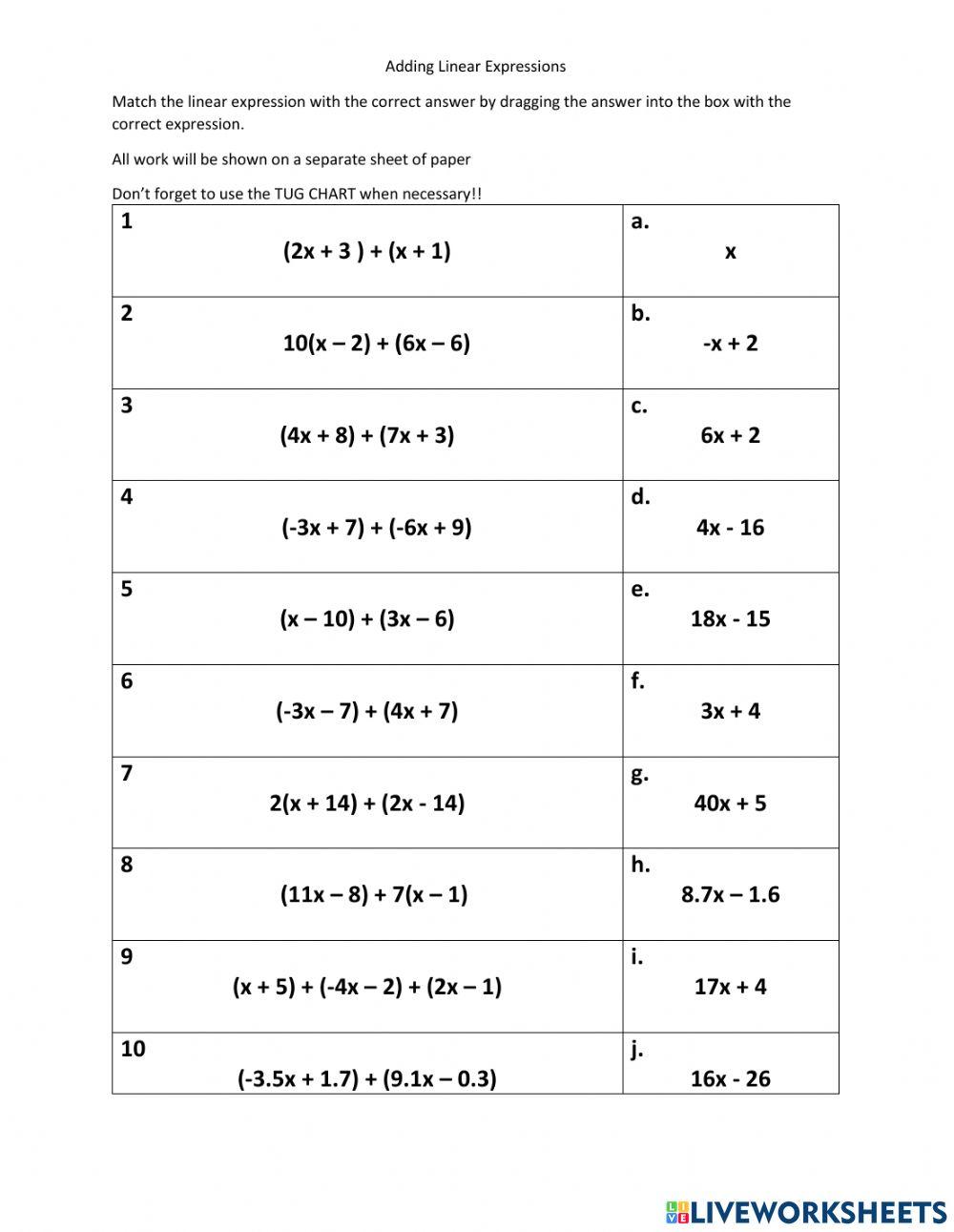 Adding Linear Expressions Matching worksheet Live Worksheets