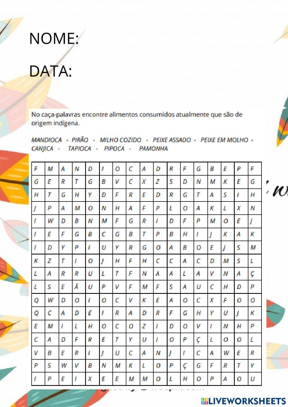Caça Palavras Alimentos Indígenas