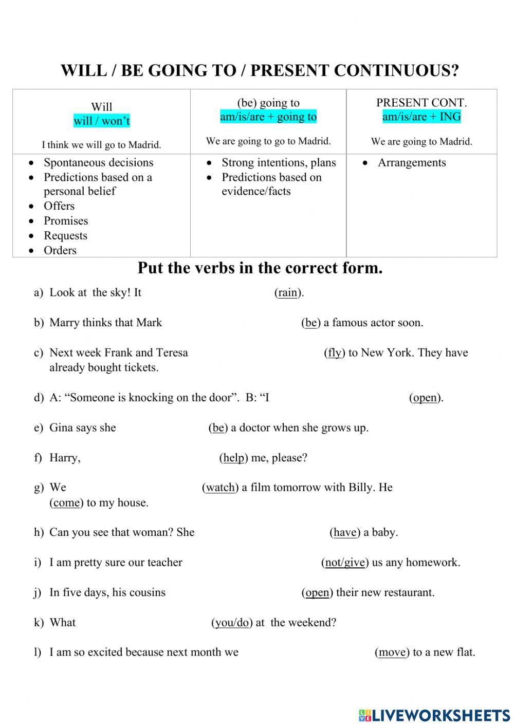 Future forms - will, going to, present continuous