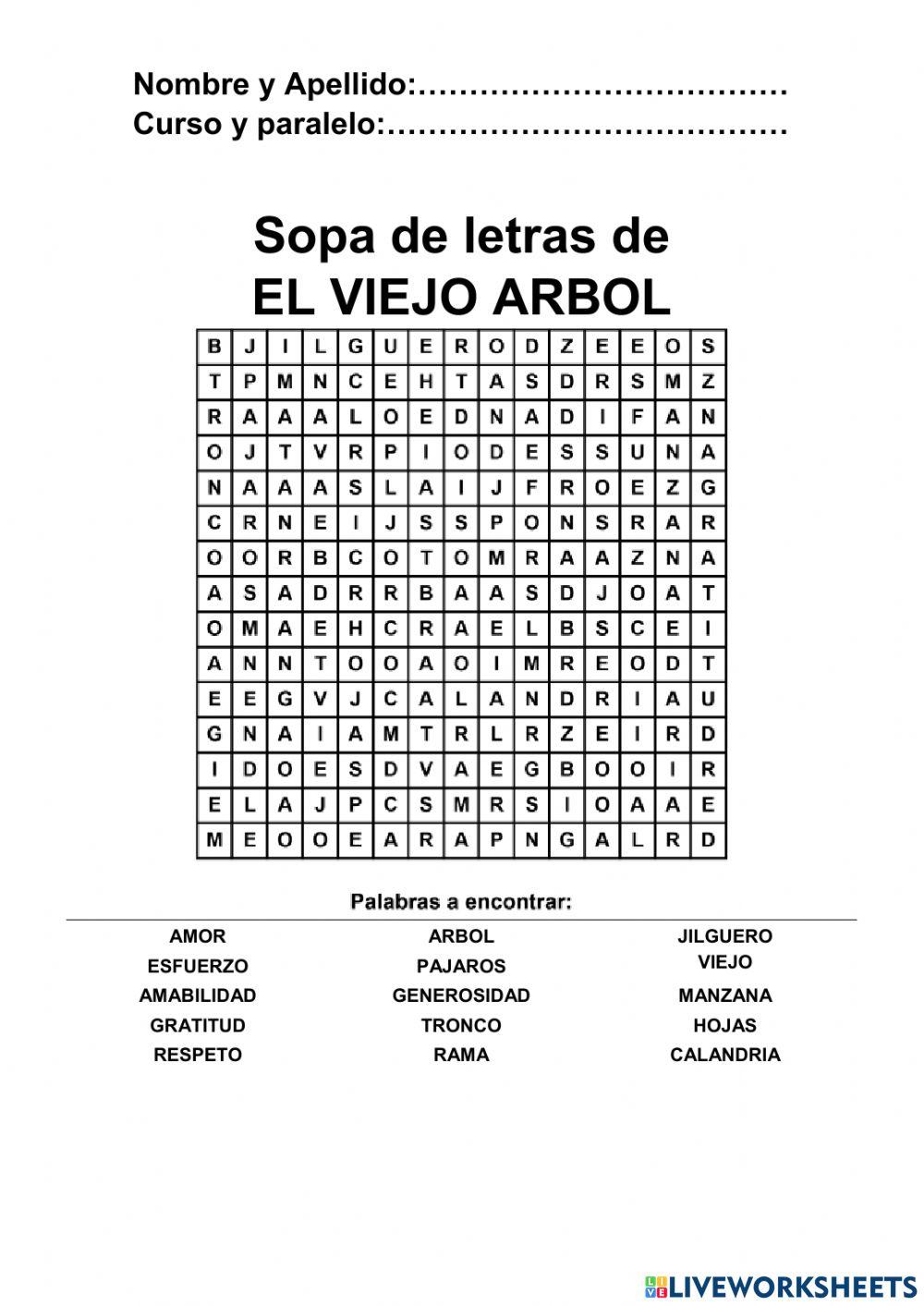 Sopa de letras del cuento Viejo árbol