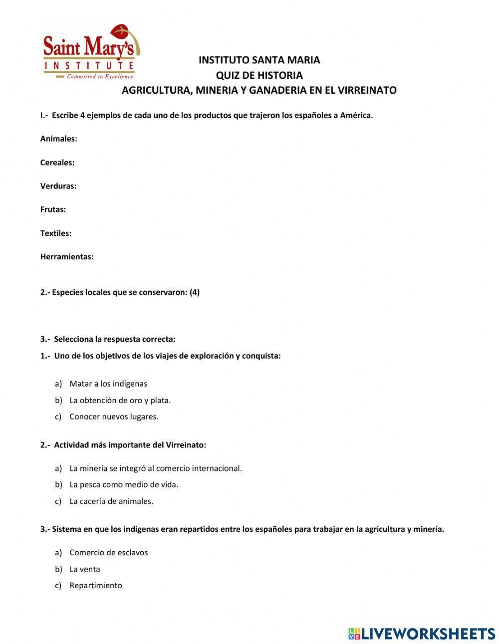 Quiz actividades economicas el virreinato