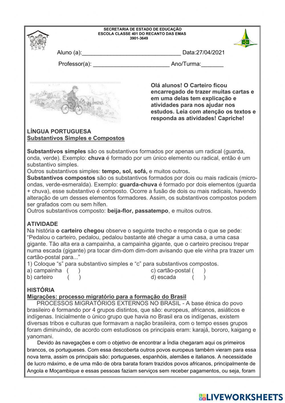 Atividade substantivo simples e composto, valor posicional, migração Brasil