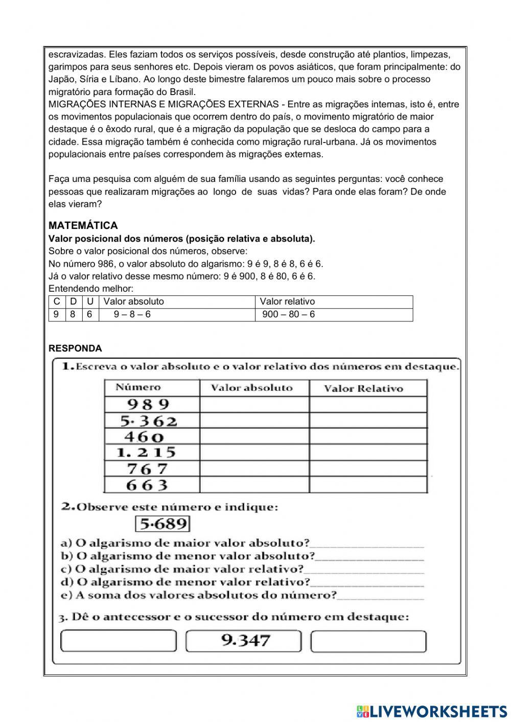 Atividade substantivo simples e composto, valor posicional, migração Brasil