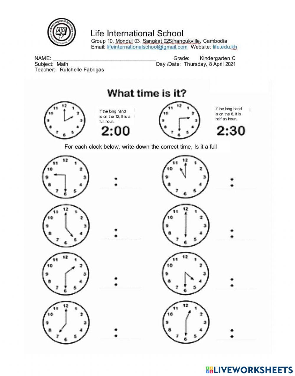 Telling Time to half hour