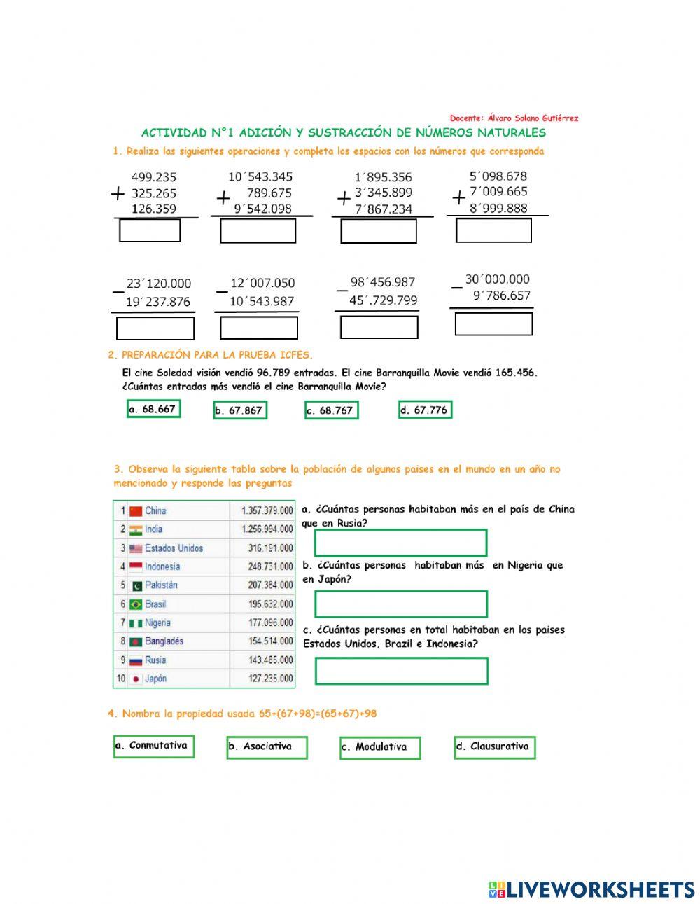 Adición y sustracción de números naturales