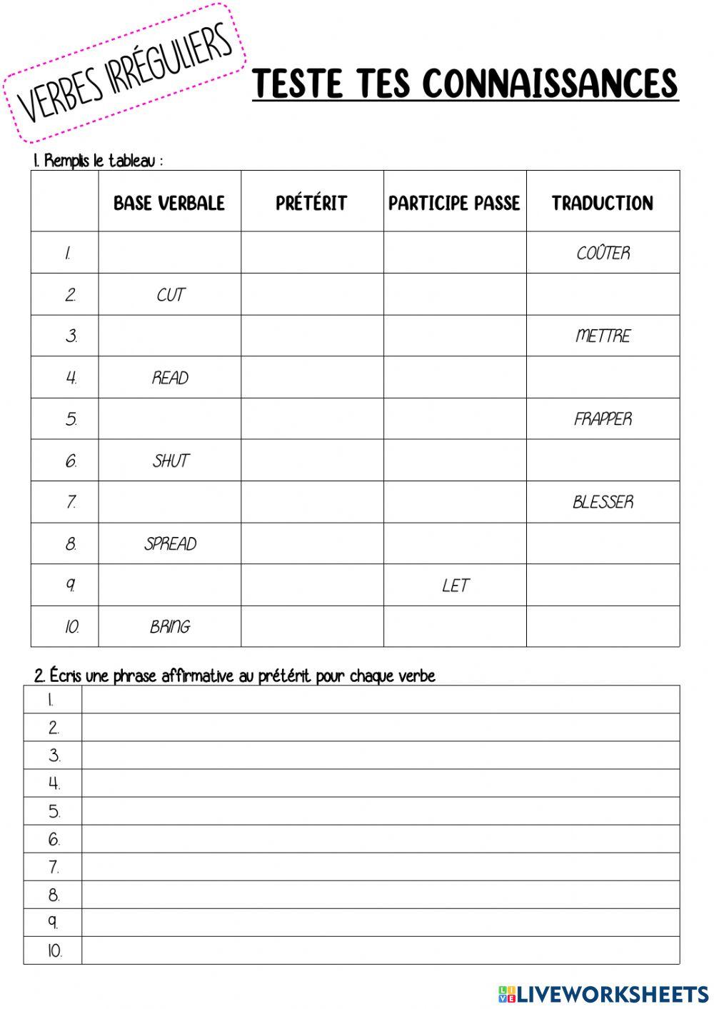 Verbes irréguliers Cost-Bring