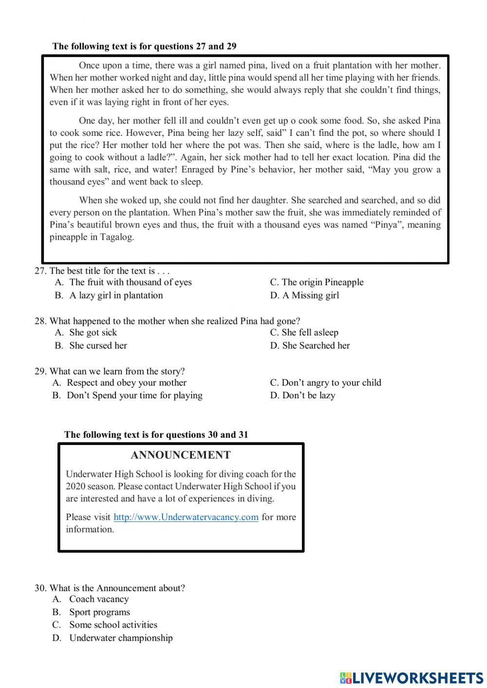 Ulangan Akhir Semester (BAHASA INGGRIS) SMP TAHUN 2020-2021