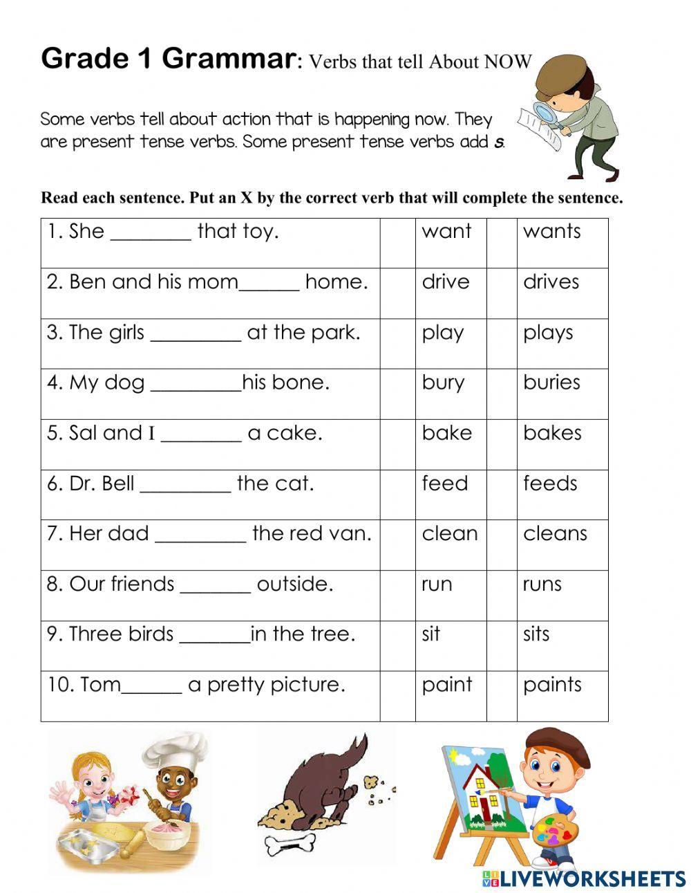 Present Tense Verbs Worksheet  Grade 1