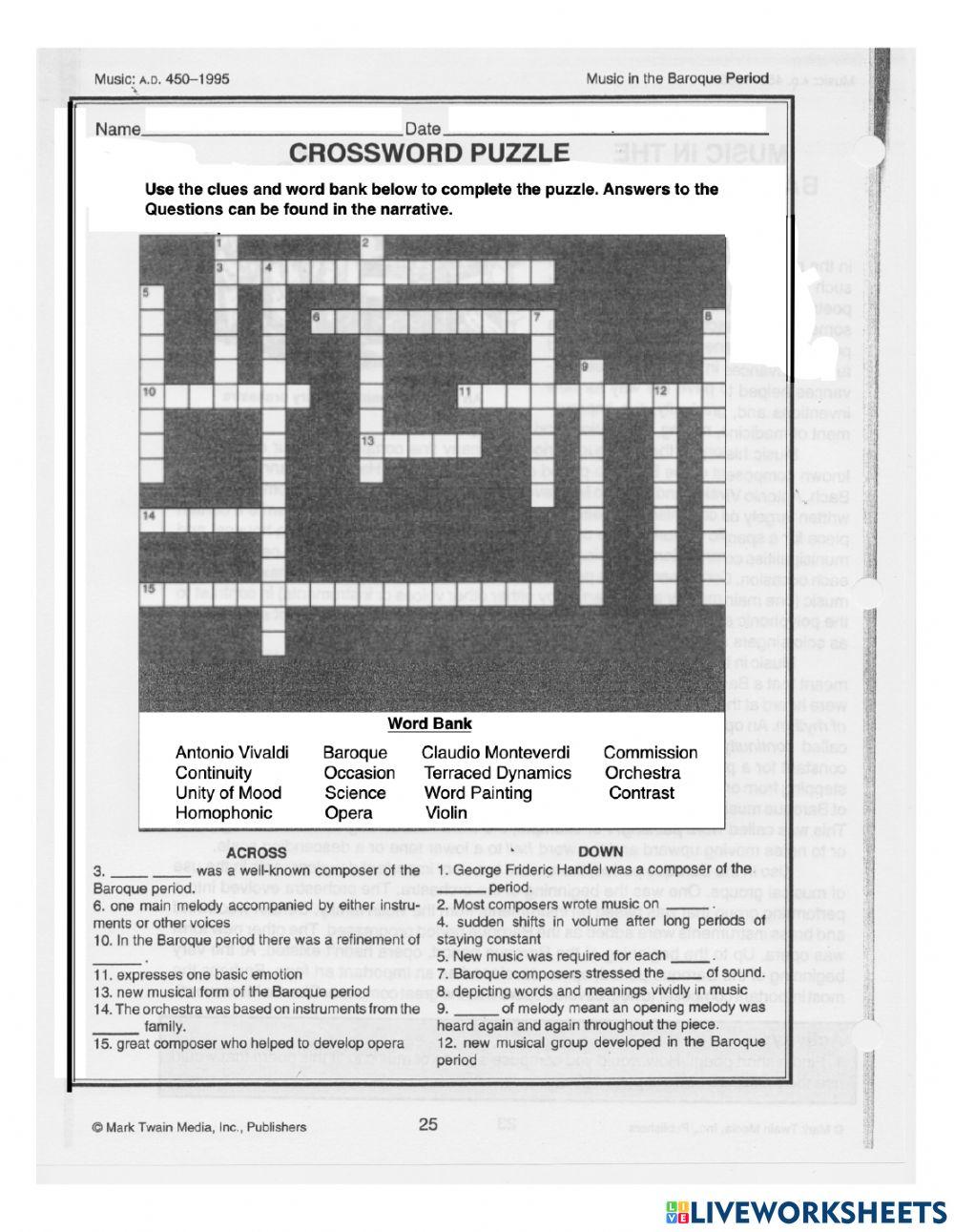 Baroque Music Crossword Puzzle