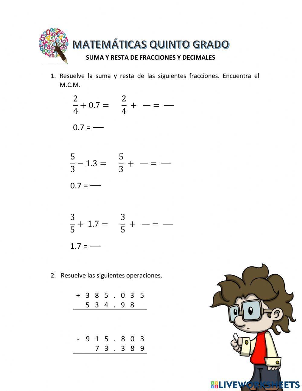 Suma y resta de fracciones y decimales