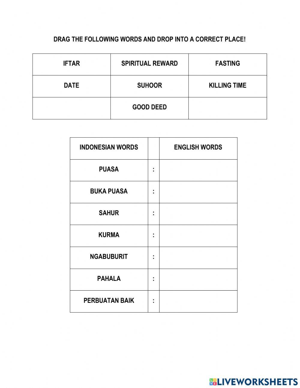 Istilah Di Blan Ramadhan worksheet Live Worksheets
