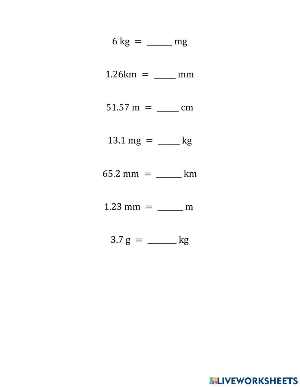 roryhj Metric units 927420 LiveWorksheets