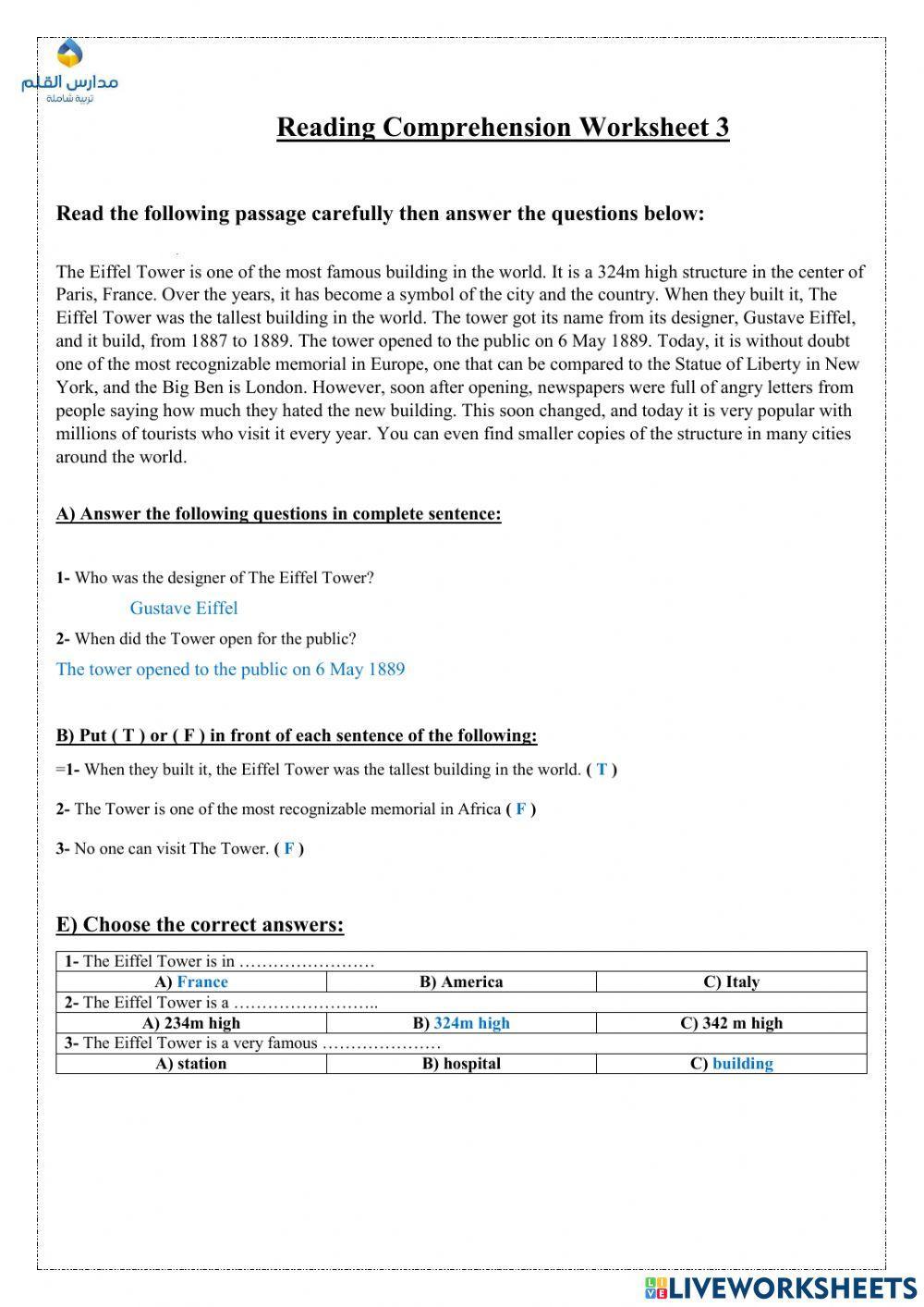 Reading Comprehension worksheet 3 2nd Term