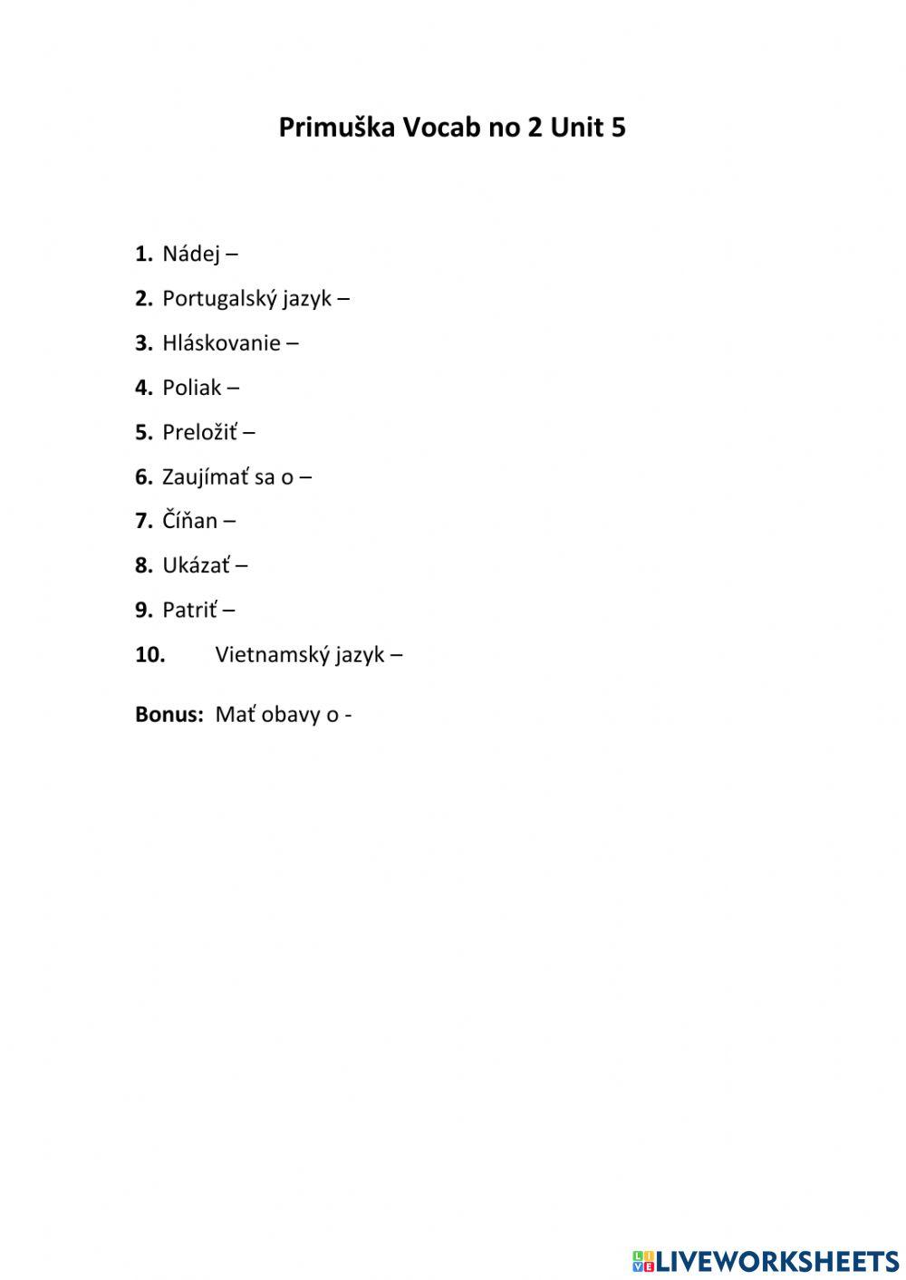 Primuška Vocab test no 2 Unit 5