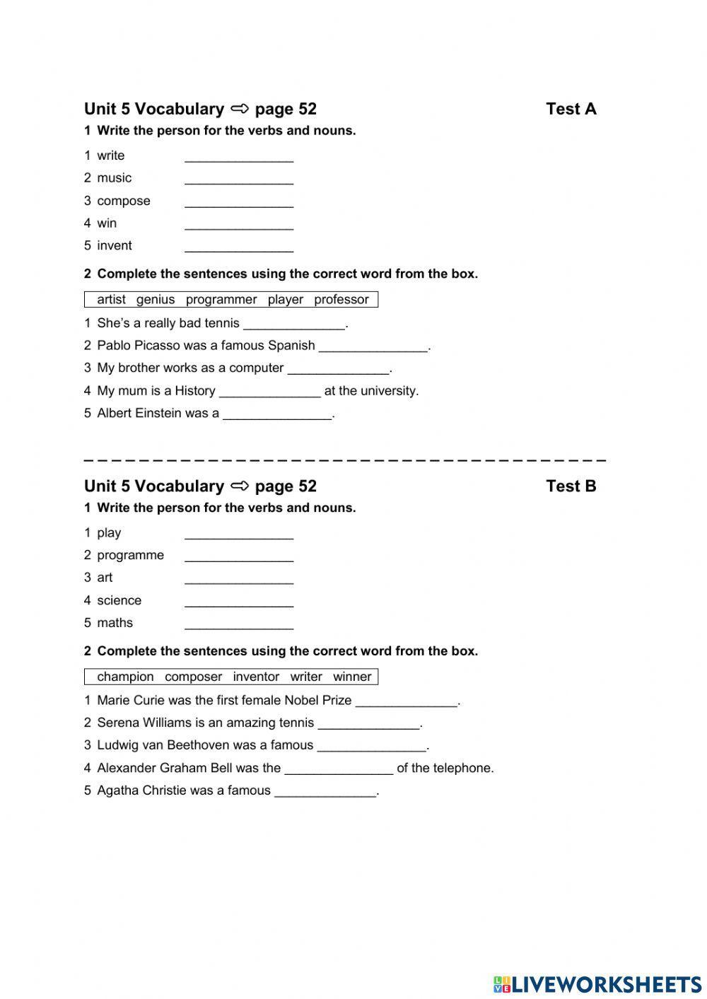 English Plus 2nd ed. 2 - Unit 5 - Vocab - p.52.