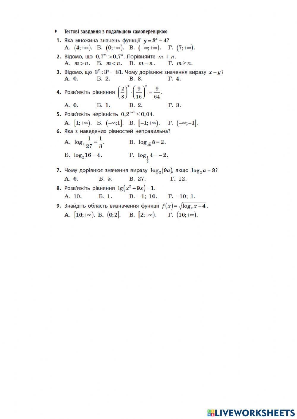 Показникова та логарифмічна функції, рівняння. Підготовка до ЗНО