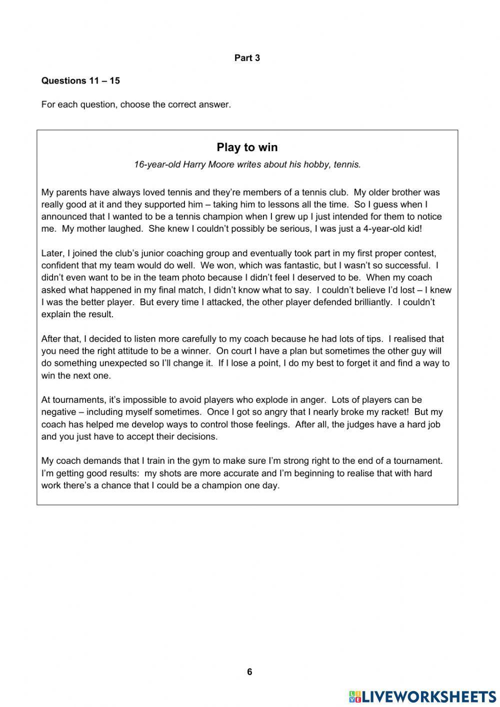 PET for Schools Sample Reading 1.3