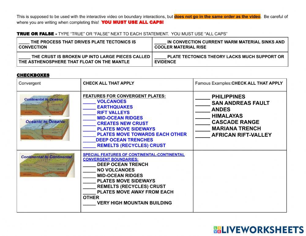 Plate Boundaries checklist for video