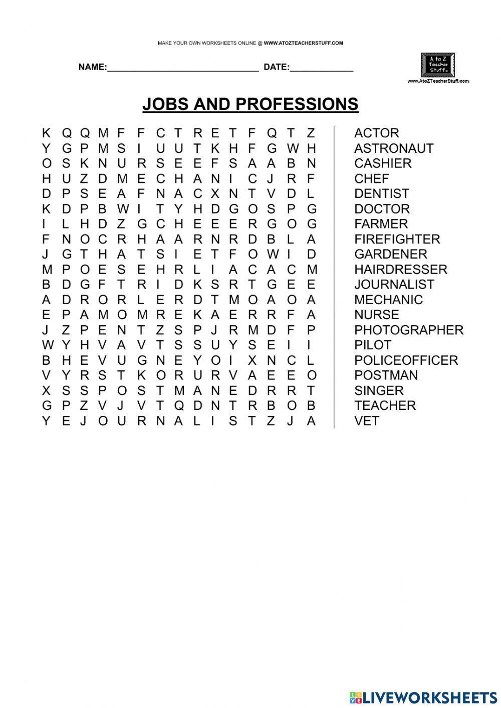 Jobs and professions WORD SEARCH