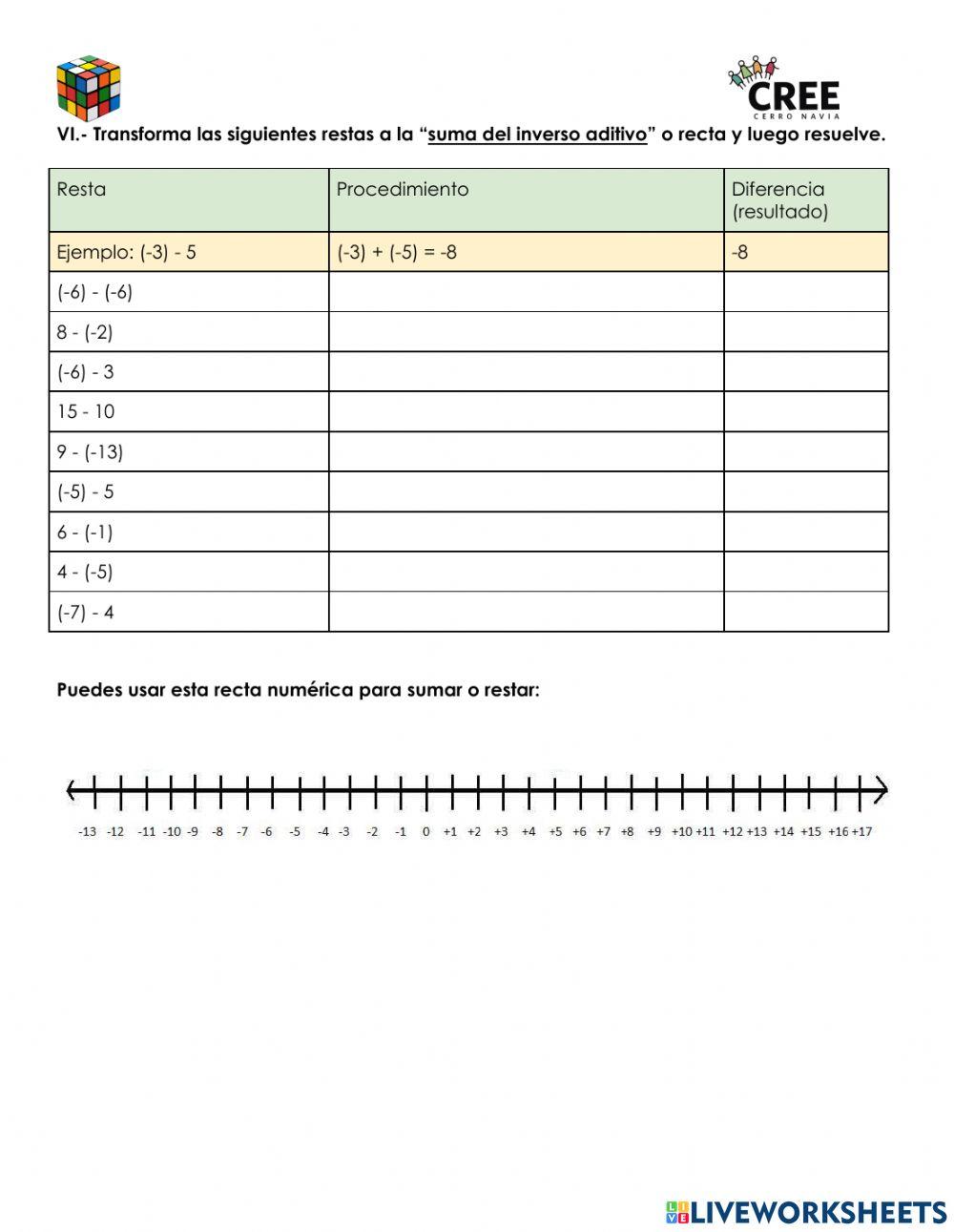 Ejercitación suma y resta enteros